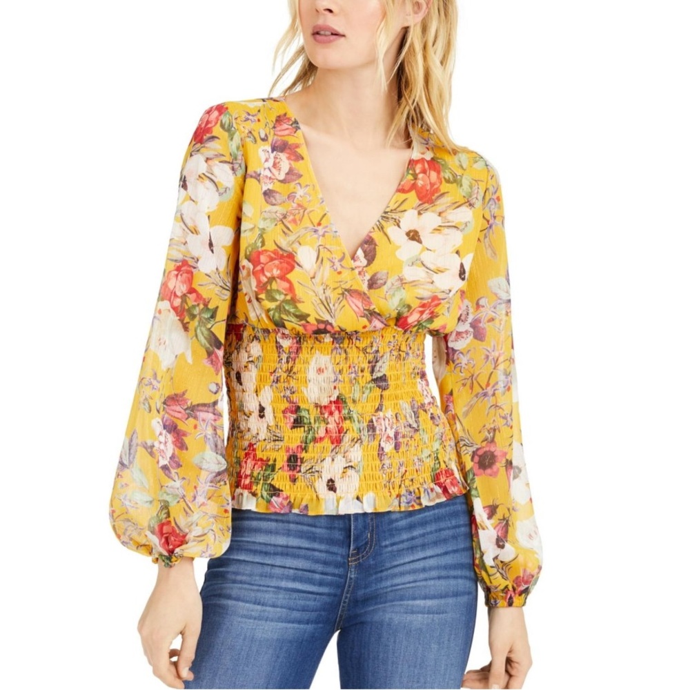 INC 1X Floral Long Sleeve Smocked Blouse, Size